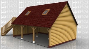 A 3 bay oak framed garage with upper floor. On the ground floor all open bays at the front as well as an external staircase on the left with balcony, leading to the first floor. On the first floor there is a pair of full height glazed garden room doors alongside glazing in the gable end of the building and 2 rooflights on the front of the building to allow the natural light to enter the room.