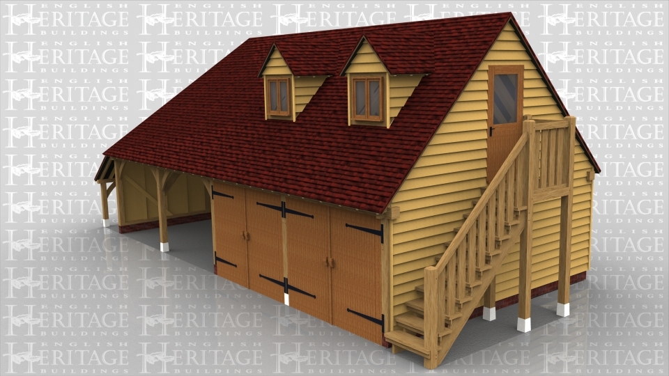 A 4 bay oak framed garage with upper floor. The ground floor has 2 bays open at the front and 2 that are enclosed with a pair of garage doors on the front of each, on the left is an external aisle and on the right is an external oak frame staircase leading to the first floor. On the first floor is a half glazed single door on the right and on the front are 2 dormers each containing a 2 light window.
