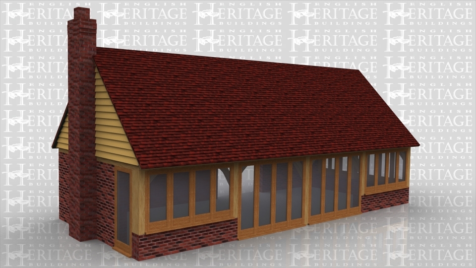 A 4 bay oak framed home extension with a brick chimney  and 2 walls coverered by brick. This building also has full height glazed patio doors along the front and also a side door also with full height glazing, as well as this. Additionally the frame has 2 sides made up almost entirely of windows allowing lots of natural light to enter the room.