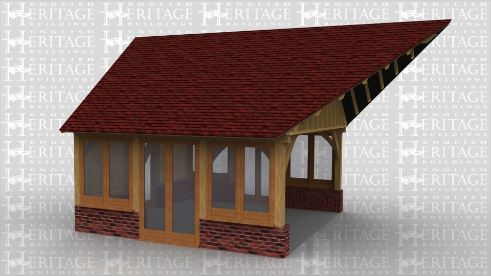 A 3 bay oak framed home extension / garden room with full height glazed patio doors on 3 sides, it also has 2 smaller windows either side on the left and right of the building and a window above in the gable end.