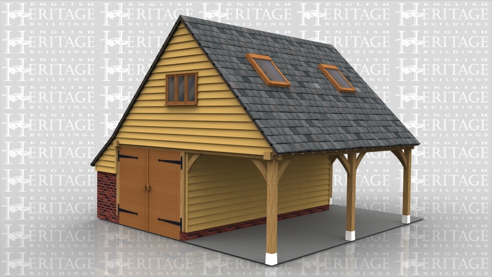 An oak framed garage with a open bay and a closed bay with garage doors. The ground floor also has an external staircase leading to the first floor. On the first floor there is a window to the front of the building and 2 roof lights to allow the natural light in the room.