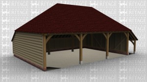 A three bay oak frame garage with an open end  at the front and an external aisle on the right of the building