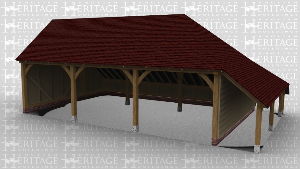 A three bay oak frame garage with an open end at the front of the building and an external aisle on the right