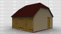 A two bay oak framed garage with both bays enclosed by iroko garage doors. This building also has a door on the right hand side and two barn hip style roof ends.