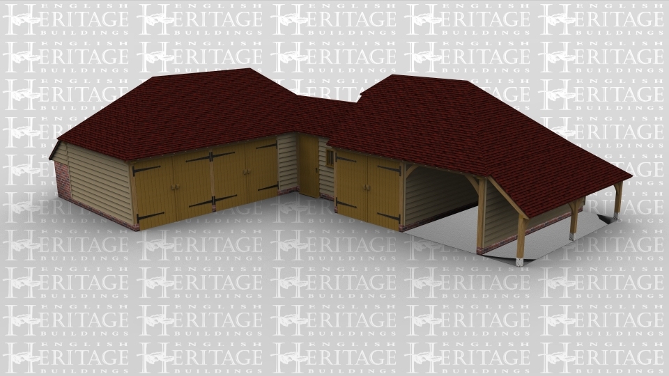 A six bay oak fram complex with three frames. the first is a 3 bay garage area with 2 bays enclosed by iroko garage doors while the third bay creates room for storage. The second frame of this building connects the two other frames, it is a single bay with a single door and mullion style window to the front . The third frame is another garage space, this time with two bays, one bay is enclosed by a set of garage doors and an internal partition between the bays while the other has an open end at the front and has an outshot attached on the right hand side