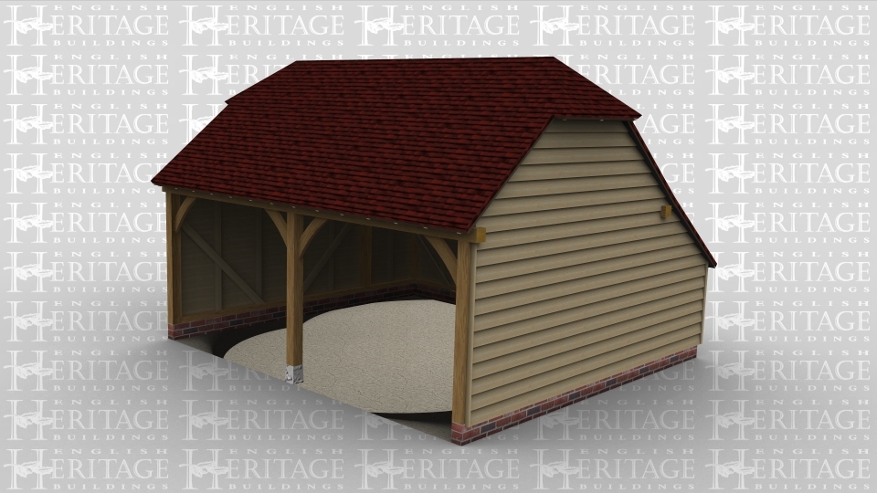 An oak framed two bay open ended garage with a barn hip style roof on both ends.