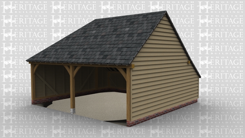 A two bay oak framed garage which is open at the front, this building has a slate roof with full hip style roofing on the left and a gable end on the right.