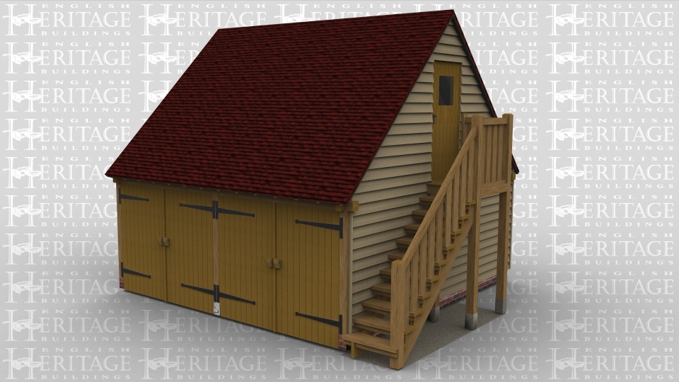 A 4 bay oak framed garage with the bays on the ground floor housed by garage doors to the front of the building. On the right hand side of this building there is an external staircase allowing access to the first floor of the building, on the first floor there is a single door partly glazed on the right hand side and  on the left hand side of the building there is a 1 light window to allow light into the upper floor.