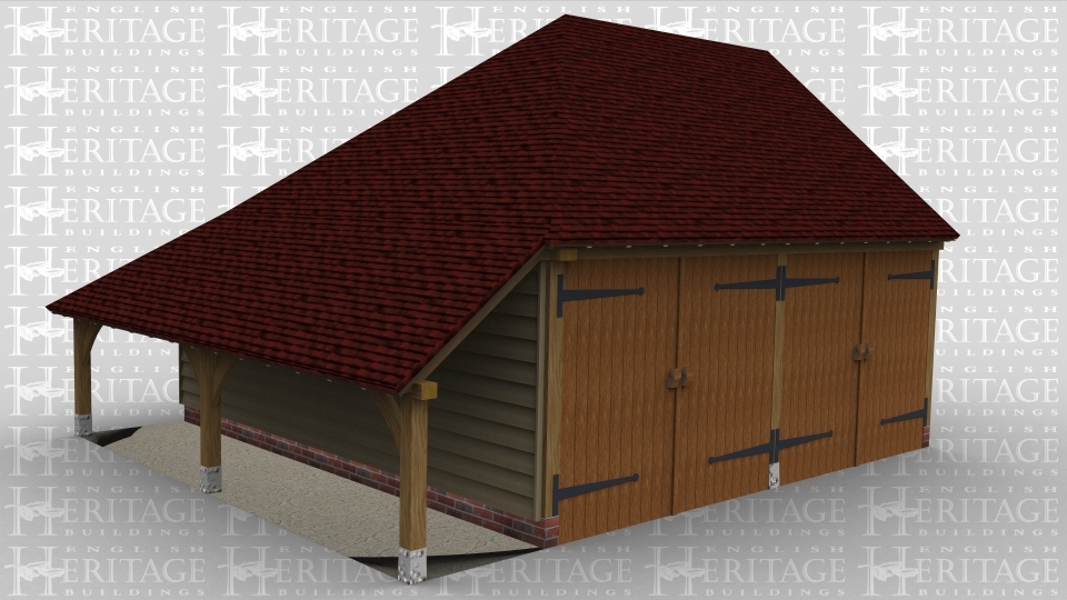 A two bay oak framed garage with two iroko garage doors at the front, this building also has an external aisle on the left side of the building.