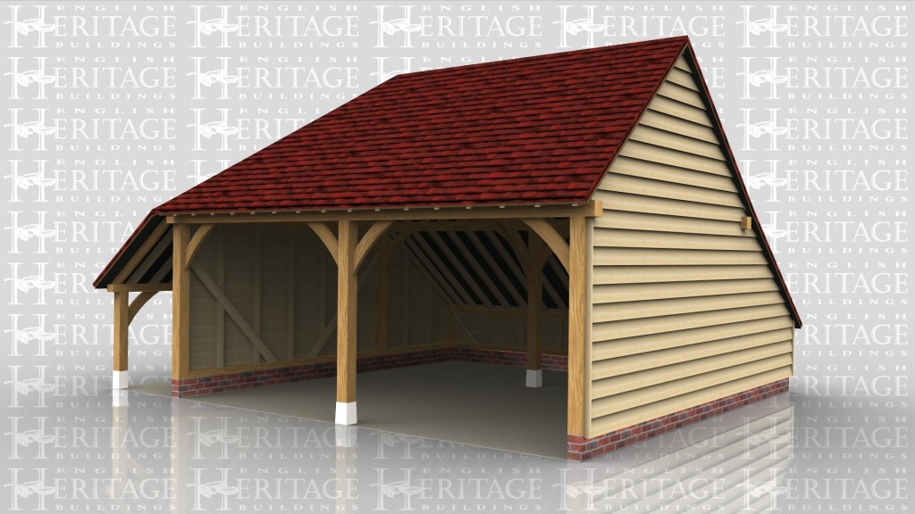 A two bay oak framed garage which is open at the front, this building has an external aisle on the left of the building and  has a full hip style roof and a gable ended roof on the right.