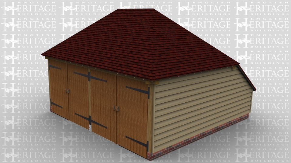A two bay oak framed garage with two sets of garage doors at the front of the frame.