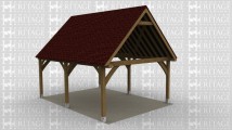 A 2 bay oak frame car port with extended gables and is open on all sides.