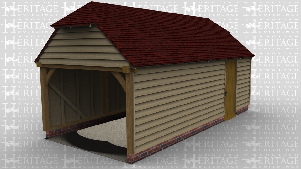 A three bay oak framed building with barn hip style roofing on both ends. This building is open on the left hand side and also has a single door on the front of the building and a window on the right to allow the natural light in
