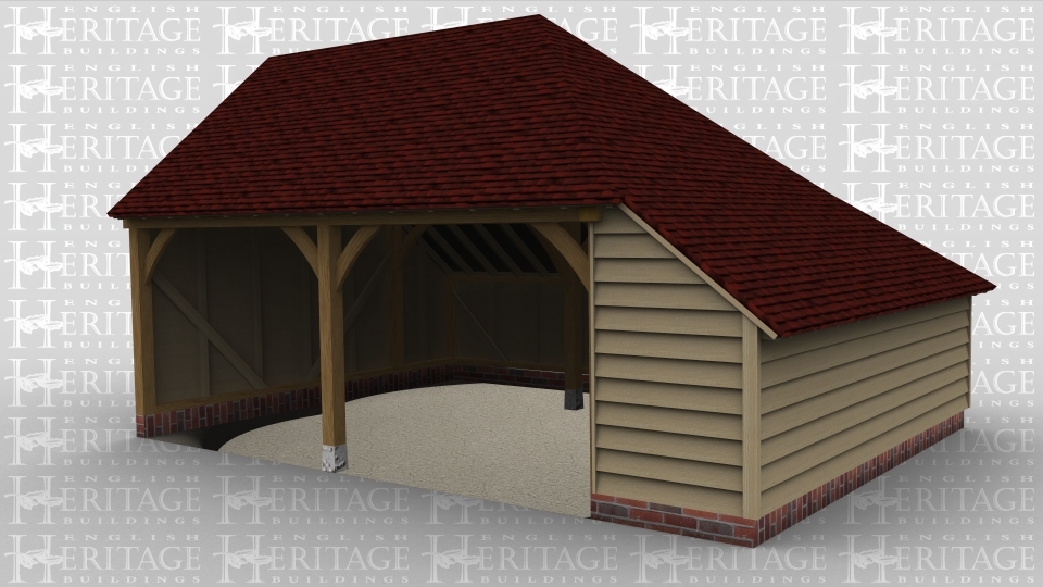 A two bay oak framed garage open at the front with an internal aisle on the right of the building