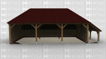 A three bay oak framed garage that is open at the front and has an external aisle on the right