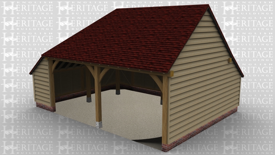 A two bay oak framed garage open at the front with an internal aisle on the left