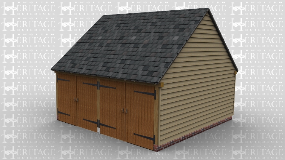 A two bay oak framed garage with a set of garage doors at the front of each bay.