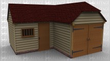 An L shaped two bay oak frame building with a workshop / store room on the left including a solid single door and a mullion window on the front. The second bay is a single garage with a barn hip roof on both ends and a set of garage doors on the front.