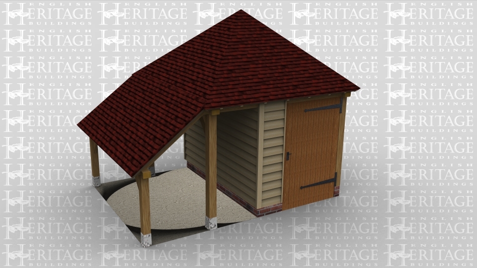 A two bay oak frame building with one bay open and the other enclosed.the enclosed bay has a single solid door on the front and the open bay has an external aisle on the left