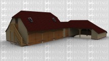 A 7 bay oak frame complex made up of 3 frames. The first frame is a garage with an upper floor, there are three bays on the ground floor each with a pair of iroko garage doors at the front of the bay, on the left of the building is an external staircase leading to the upper floor. The upper floor is a storage space with two velux rooflights on the front as well as two on the rear and a 3 light window on the right. The second frame of this building  is a link between the other two frames, it has a single solid iroko door on the front and two mullion windows on the rear as well as a rooflight above. each mullion window. The third and final frame is a two bay open ended garage with an internal aisle on the right.