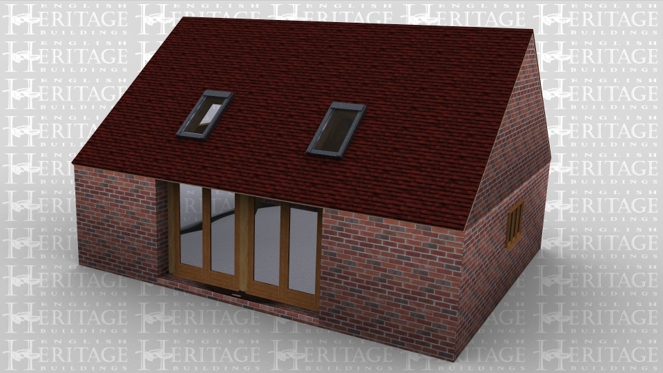 A two bay oak framed home extension with solid brick wall around the entire building. The left hand side is left open to allow it to be attached to an existing building, on the front there is a four pane full height glazed window and two velux rooflights to allow the natural light into the extension. the rear of the building has a further two velux rooflights and on the right hand side of the building is a 3 light window.