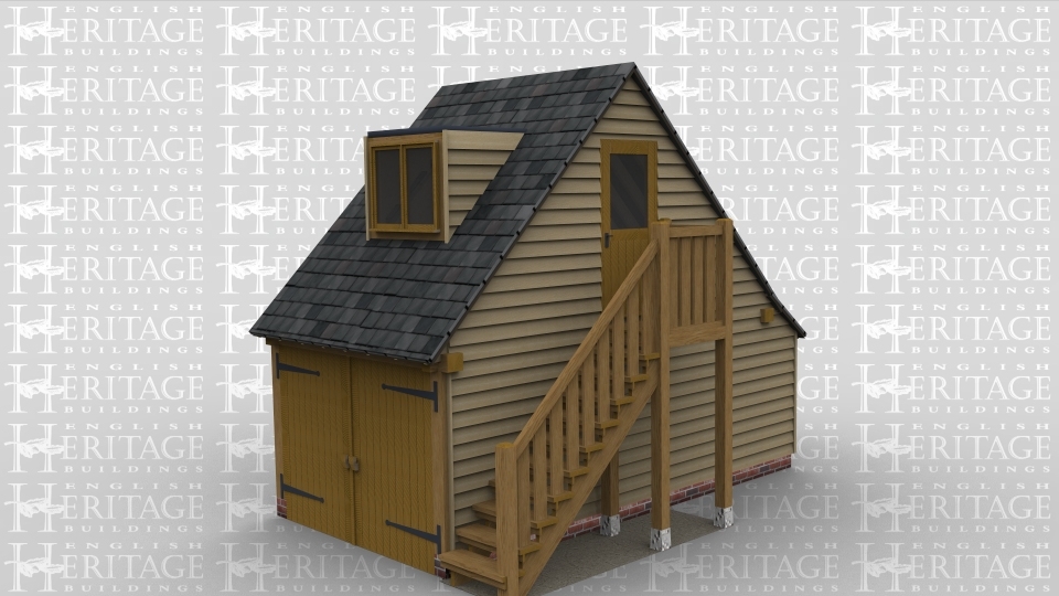 A single oak frame garage with an upper floor in which the garage is enclosed behind a set of garage doors on the front, on the right hand side  there is an external staircase leading to the upper floor. On the upper floor there is a half glazed door on the right, on the front of the building is a large dormer with a flat roof and a two pane window to allow plenty of naural light into the upper floor of the building.