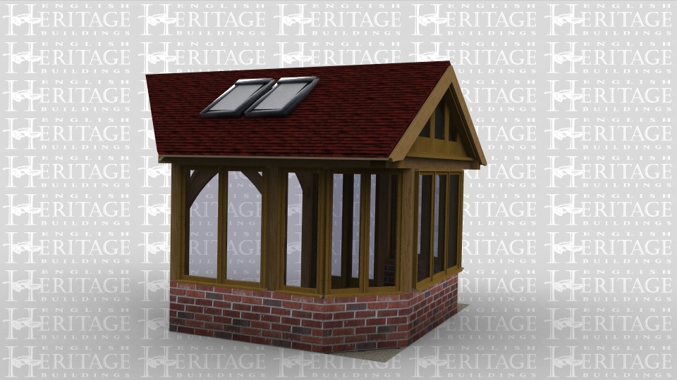 A single bay oak framed building with full height glazed doors on the front, the right hand side is left open to allow it to attach to an existing building, whilst the left side of the building has a large three pane window as does the rear to allow plenty of natural light into the building