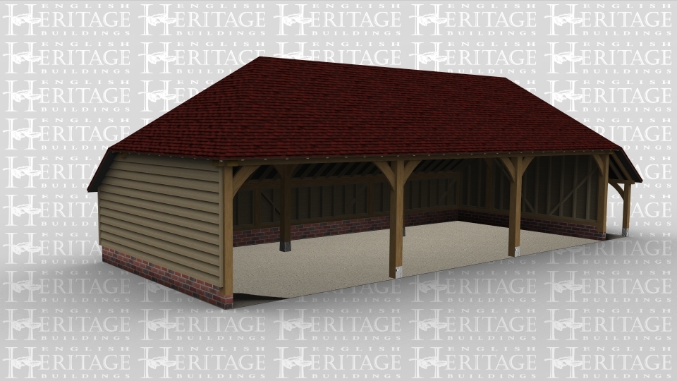 A three bay oak framed garage open at the front with an external aisle on the right of the building and two velux rooflights on the rear.