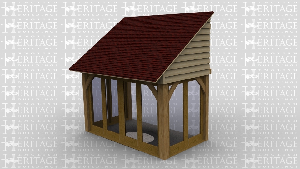 A single bay oak framed home extension with full height glazing  on three sides and the other side left open to attach to an existing building