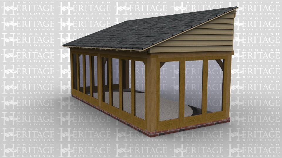 A two bay home extension with a slate roof and full height glazing along three walls, the fourth wall is left open to allow it to attach to an existing building