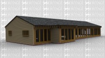 A ten bay oak frame complex made up of three seperate frames. The first frame is three bays in size with iroko garage doors on the left of the building and a mulion window on the right. The second frame of the building is made up of six bays, it has full height glazing along the front of five of the six bays while one is attached to the third frame. This frame also has a four light window and a three light window on the left and on the right is a four pane full height glazed window. The third and final frame is a single bay that has full height glazing along one wall.