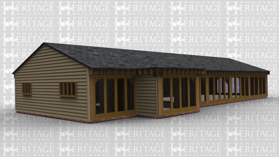 A ten bay oak frame complex made up of three seperate frames. The first frame is three bays in size with iroko garage doors on the left of the building and a mulion window on the right. The second frame of the building is made up of six bays, it has full height glazing along the front of five of the six bays while one is attached to the third frame. This frame also has a four light window and a three light window on the left and on the right is a four pane full height glazed window. The third and final frame is a single bay that has full height glazing along one wall.