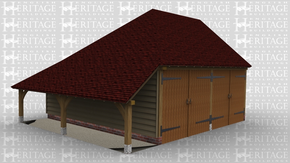 A two bay oak framed garage with garage doors on the front of each bay, on the left hand side is a logstore.