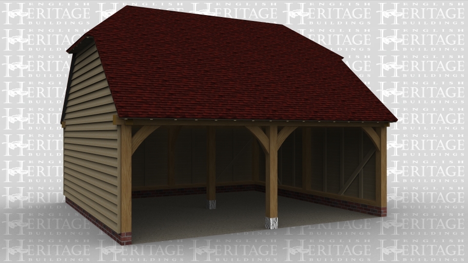 A two bay oak framed garage open at the front.