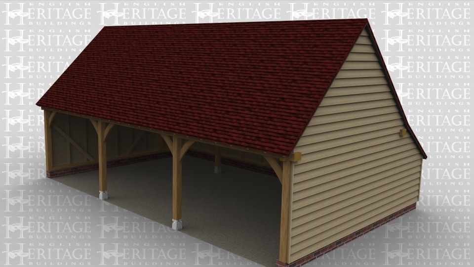 A 3 bay oak framed garage that is open at the front.