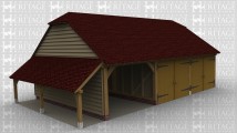 A 3 bay oak framed garage with one bay open at the front while the other two have a pair of garage doors each, there is also an external aisle on the left of the building.