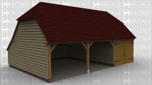 A 3 bay oak framed garage with 2 bays open at the front and the third with garage doors on the front.
