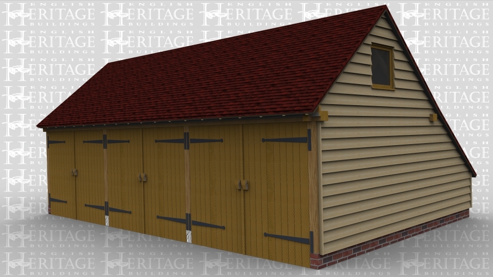 A 3 bay oak framed garage with a pair of iroko garage doors at the front of each bay. On the left of the building there is a window and the same on the right.