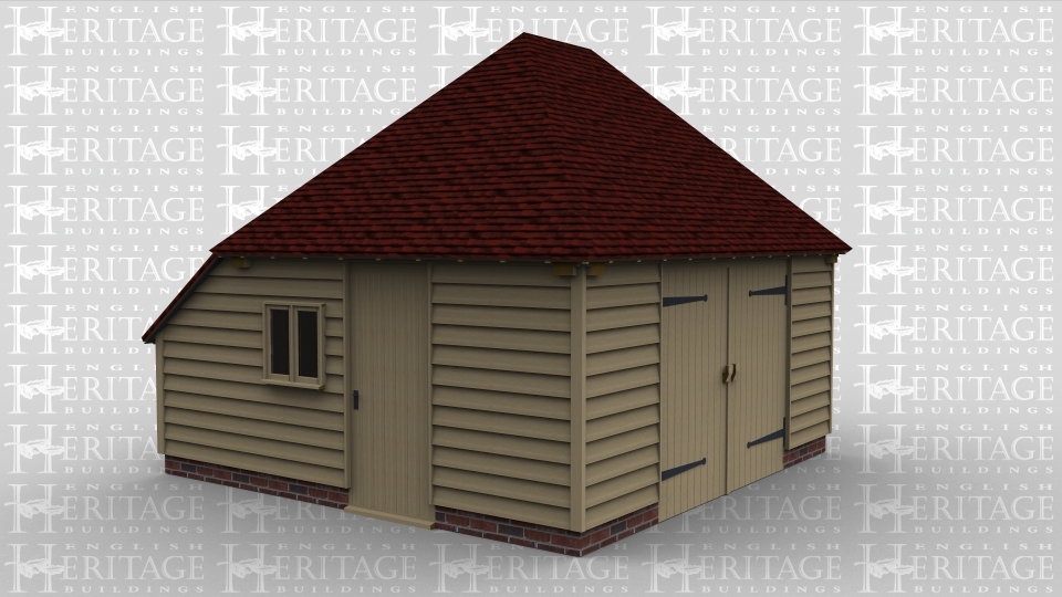 A single oak framed garage / workshop with garage doors on the front as well as a single door and a 2 light window on the left. The rear of this building also has an enclosed aisle.