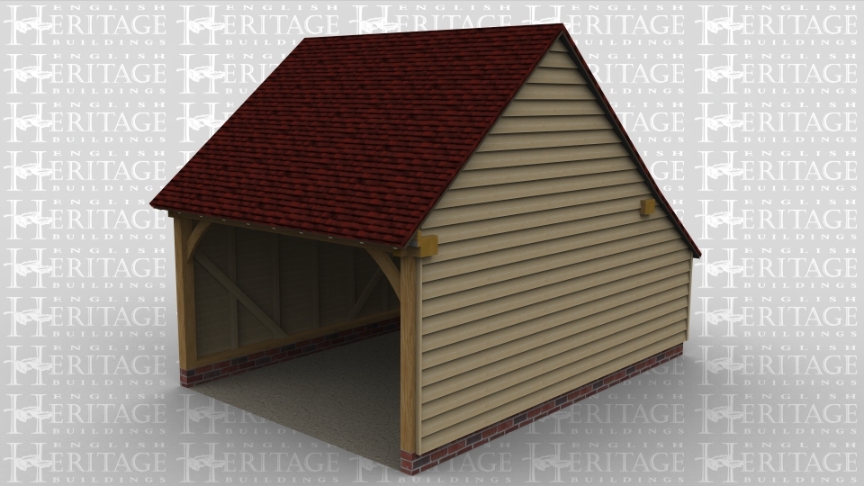 A single bay oak framed garage open at the front with an internal aisle at the rear.