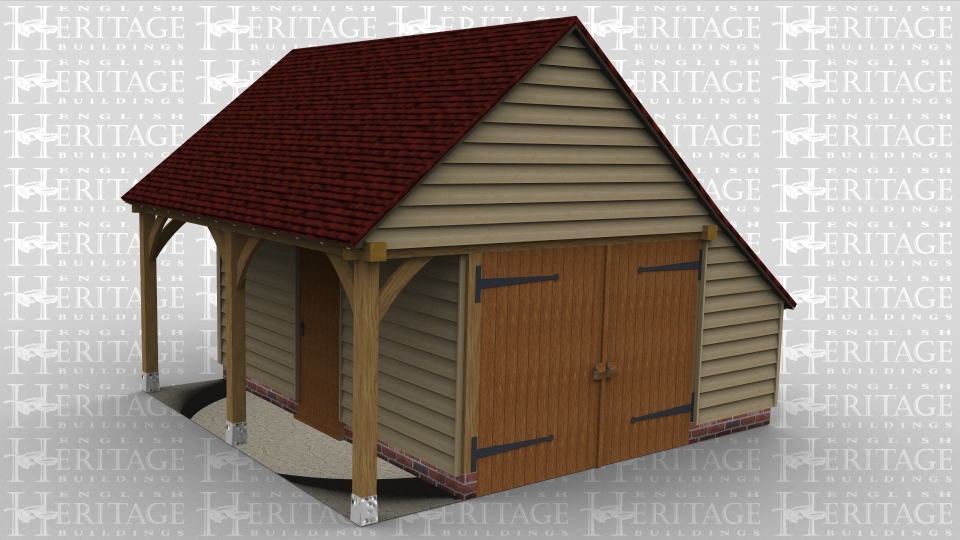 A 2 bay oak framed garage with a solid single door on the front, on the left is another solid single door and to the right of the building is a set of iroko garage doors. This building also has an external aisle on the front.