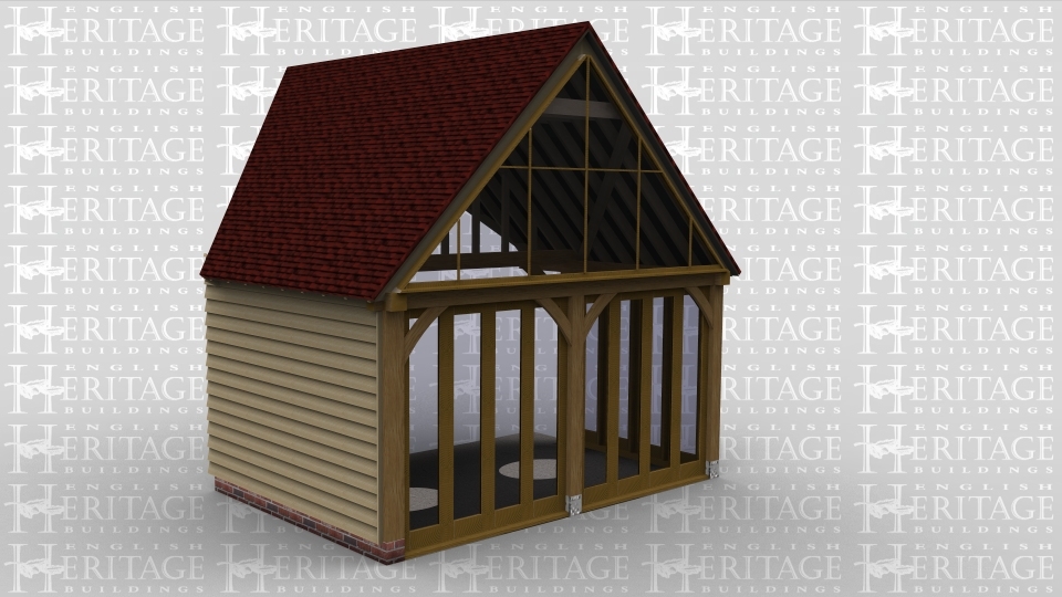 A single bay oak frame home extension with full height glazing all around three of the walls to allow plenty of natural light into the room, the rear wall is left open to allow the frame to be attached to an existing building. There is also glazing in the gable end of the frame.