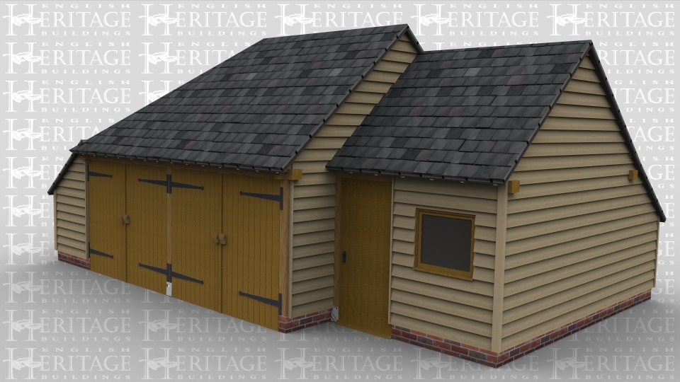 An oak frame garage and store with two enclosed garage bays and a third bay enclosed with access via a single personnel door and a window to the front.