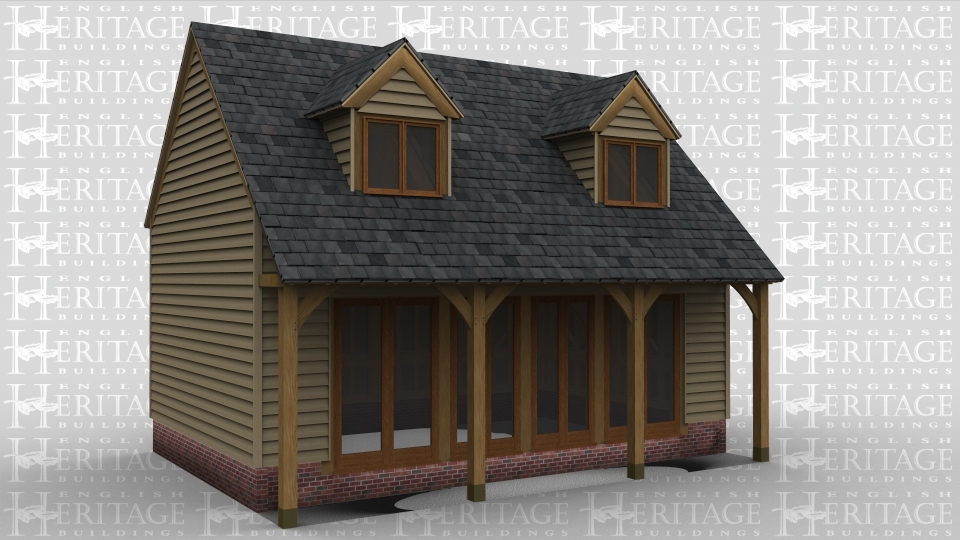 A 5 bay oak framed home leisure building. On the ground floor is 8 panes of full height glazing along the front wall to allow plenty of natural light into the area, there is also a single 2 light window on the rear and an internal staircase leading to the first floor. On the first floor are 2 large dormer windows at the front and 2 velux rooflights at the rear.
