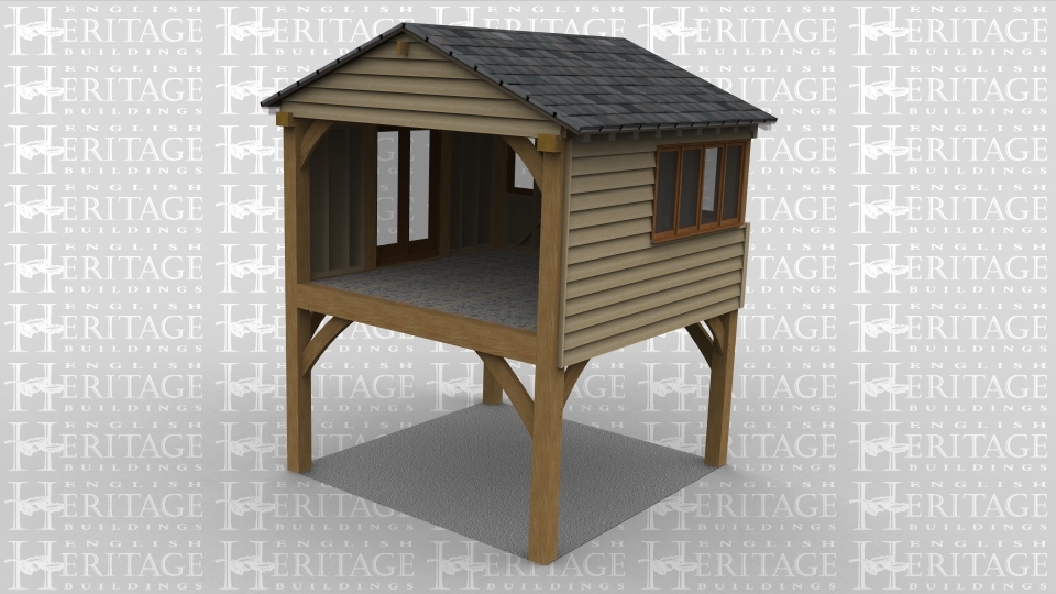 A 2 storey oak framed extension with the ground floor bay completely open while on the first floor the front is left open to allow it to attach to an existing building while on the right there are 4 window panes and at the rear area further 2 windows. on the left hand side there is a set of full height glazed doors.