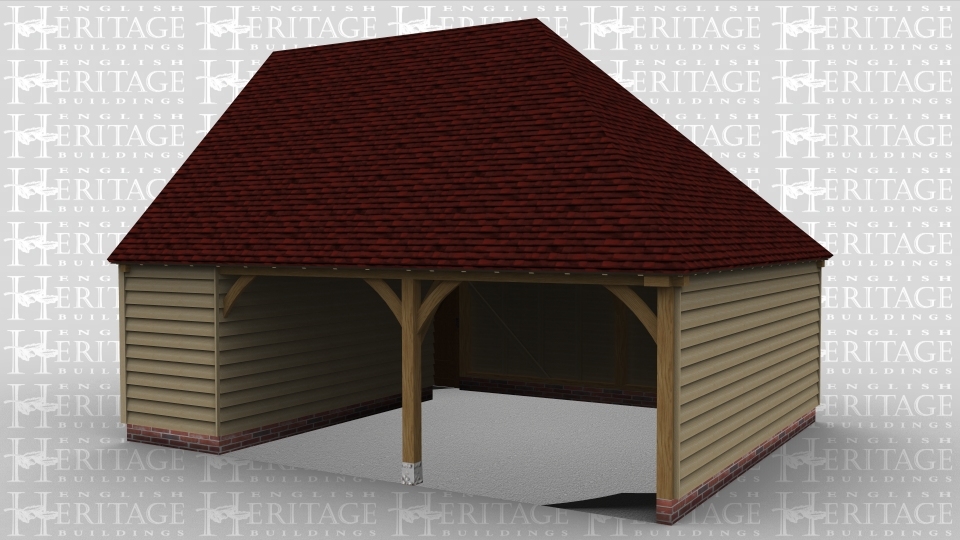 A 2 bay oak framed garage open at the front with an internal aisle on the left and a  solid single door at the rear.
