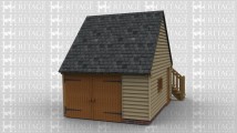 A single bay oak framed garage with an upper floor . The ground floor has an iroko garage door at the front, on the right there is a mullion window and a solid single door, at the rear is an external  staircase leading to the first floor. The first floor has a dormer containing a solid single door and a slate roof