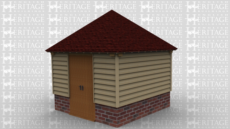 A single bay oak framed out building with a pair of doors on the front and a mullion window at the rear.