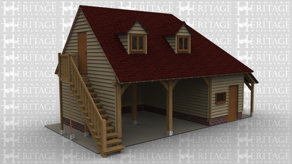 A oak framed garage with an upper floor. The 2 of the 3 bays on the ground floor  are open at both the front and one of them is also open at the rear. The third bay has a solid single door at the frontand a mullion window. There is an aisle on the right with some internal and some external, on the left side is an external staircase granting access to the first floor. On the first floor there is a solid single door on the left and 2 dormer windows on the front.