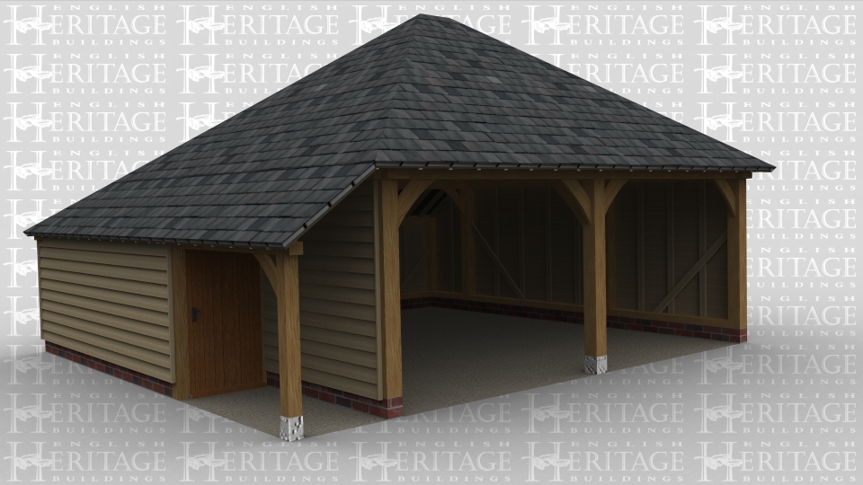A 2 bay oak framed garage open at the front with an aisle on the left which is open to the front and enclosed to the rear with a single door, there is also an internal aisle at the rear.